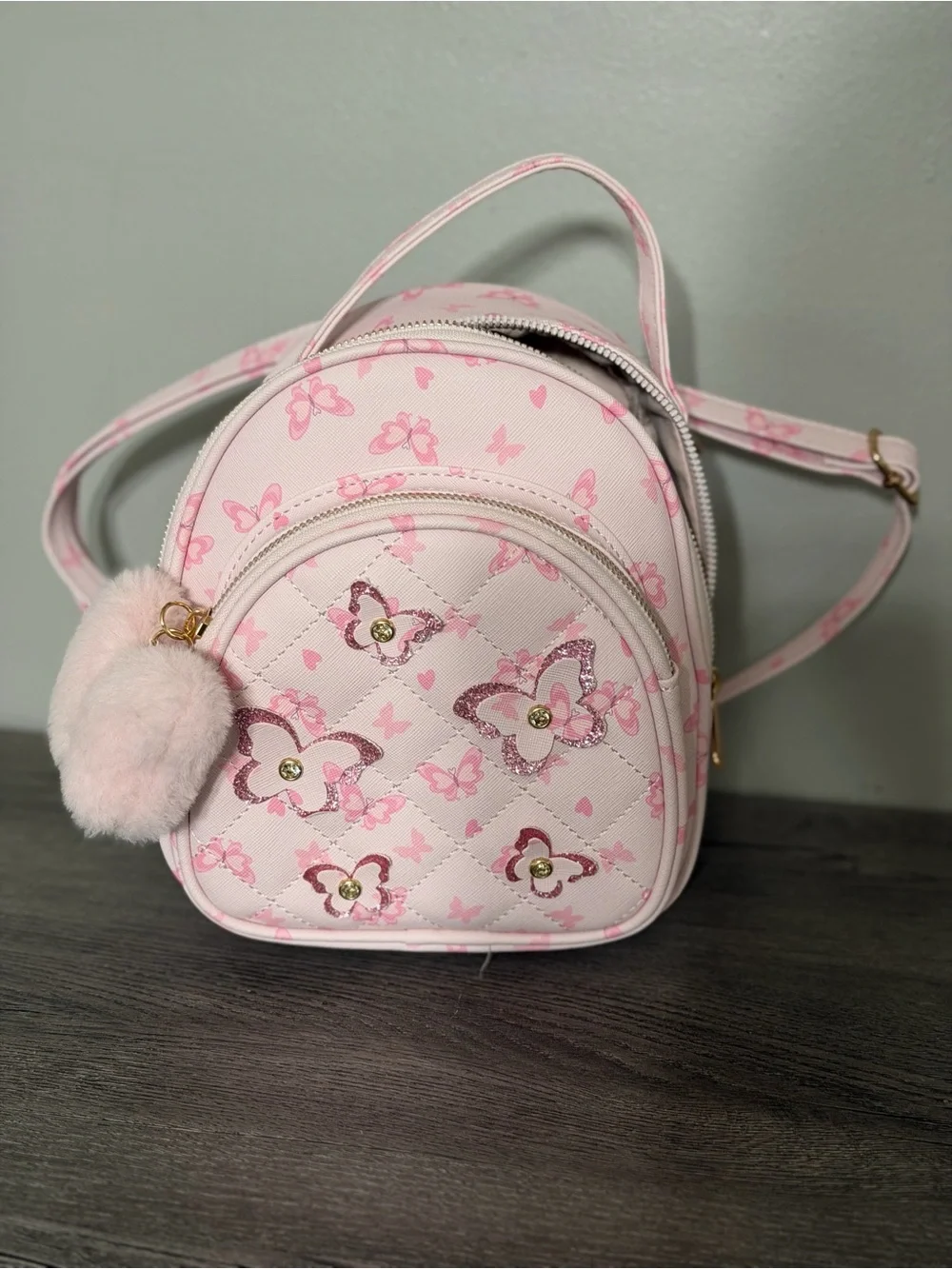 Pink Butterfly Quilted Mini Backpack with Pom Pom